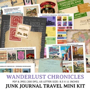 Vintage Travel Junk Journal Kit Printable Junk Journal Pages Digital Scrapbook Travel Ephemera Collage Sheets Travel Stamps Collage Postcard