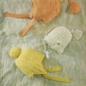 May include: A vintage knitting pattern featuring three baby hats. The hats are in shades of yellow and cream, with one having a tassel. The pattern is labeled "Peter Pan" and "a Wendy design P277, 6 months to 2 years."