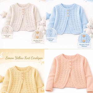 May include: A collection of four long-sleeve knit cardigans in creamy white, icy blue, lemon yellow, and soft peach. Each cardigan features a delicate openwork lace pattern on the front panels, a round neckline, and three small wooden heart-shaped buttons.