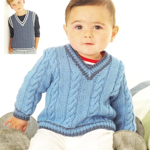 May include: A light blue long-sleeve sweater featuring a V-neckline with dark blue trim, vertical cable knit patterns, and ribbed cuffs and hem. The sweater is shown on a baby, and a smaller inset image shows a similar vest version on a child.