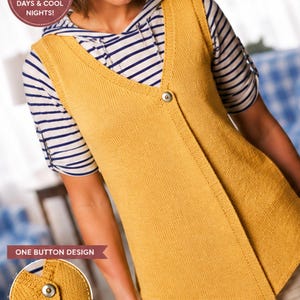 Ladies Vest Knitting Pattern PDF, Asymmetrical One Button Waistcoat, DK, S–2XL