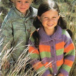 Children's Chunky Knit Jacket Pattern: Plain or Striped Collar (PDF Download)