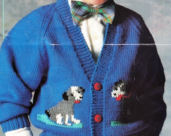 Boy's V-Neck Cardigan Knitting Pattern: Dog Motif, Swiss Darning (PDF Download)