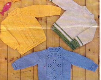 Vintage Raglan Baby Sweaters Knitting Pattern – DK 8 Ply (PDF Download)