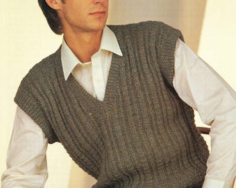 Strukturiertes Strickwestenmuster für Herren, ärmelloser Pullover mit V-Ausschnitt (PDF Download)
