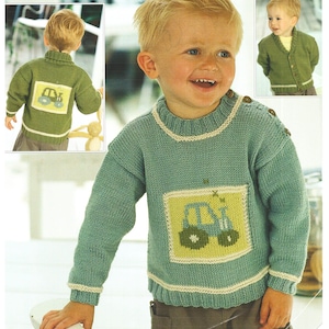 May include: A light teal knitted child's sweater with a tractor motif. The tractor is depicted in blue and green on a yellow square. The sweater has cream-colored trim around the neckline, cuffs, and hem. Buttons are on the shoulder.