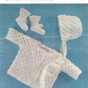 Fine baby dress, bonnet and shoes. Lovely pattern. 3 ply, Easy knit. 16 to 20 inch chest. Vintage knitting pattern PDF download