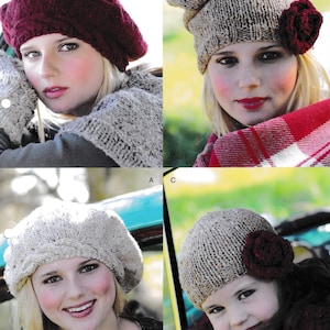 May include: Four images showcasing knitted hats. The hats are in various colors, including burgundy, beige, and cream. Some hats feature a flower accent. The hats are worn by women and a child.