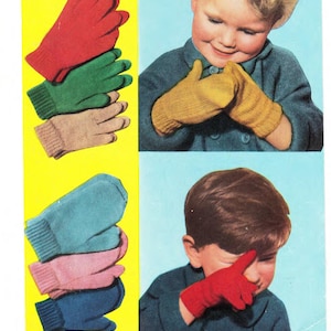 May include: Vintage advertisement featuring children wearing and displaying colorful knitted gloves. The gloves are in various colors, including red, green, tan, blue, pink, and navy. The image has a retro aesthetic.
