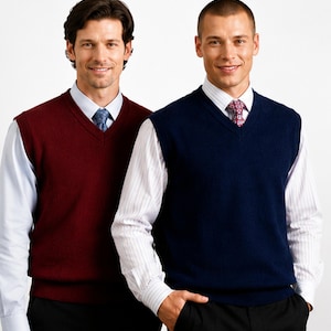 May include: Two sleeveless V-neck sweaters, one in deep burgundy and one in navy blue, worn over long-sleeved button-down shirts. The burgundy sweater is paired with a light blue shirt and patterned tie, while the navy sweater features a white striped shirt.
