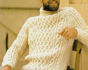 Vintage Aran Pullover Strickmuster, Herren Zopfmuster Rollkragenpullover (PDF Download)