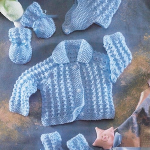Stickmönster för vintage babyjacka med krage, tossor, vantar, mössa (PDF-nedladdning)