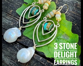 3 Stone Delight earrings, ThePurpleLilyDesigns- Ethiopian Opals, Baroque Pearls, & Turquoise