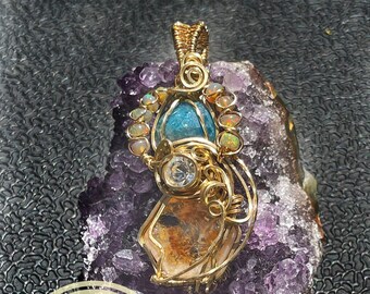 Four Stone Delight pendant III, ThePurpleLilyDesigns - Brass, Citrine, Apatite, Ethiopian Opals, Swarovski Crystal