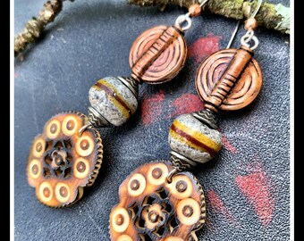 Rustic Vision earrings, Sterling Silver filled, Copper, Pewter, African Trade beads, & Antique Bone, ThePurpleLilyDesigns