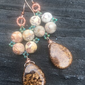 Bronzite Mosaic earrings, 14k Rose Gold filled, Copper, Fossil Jasper, Seedbeads, Bronzite, and Hematite, ThePurpleLilyDesigns image 2