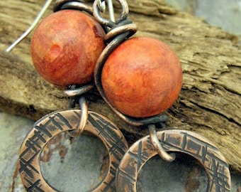 Coral Wish or Lava Rock Wish, Sponge Coral, Lava Rock, antiqued Copper, and Stainless Steel earrings, ThePurpleLilyDesigns