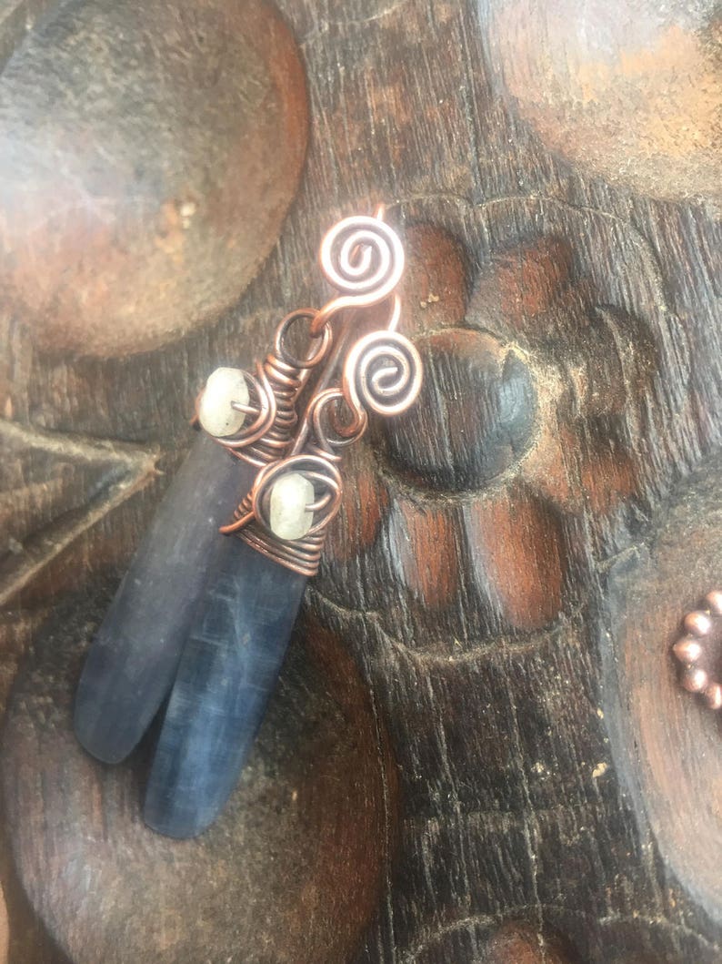 Kyanite Rain Blue Kyanite Copper and Moonstone Earrings Etsy