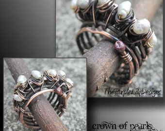 Crown of Pearls, Antiqued woven Copper and Pearl ring,ThePurpleLilyDesigns