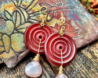 Blush Drop earrings, 14K Gold Filled, Horn, & Chalcedony, ThePurpleLilyDesigns