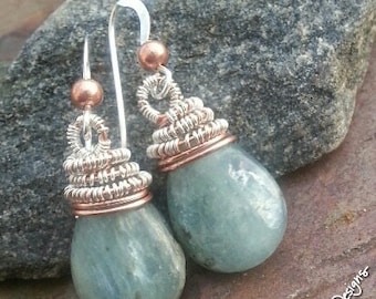 Petite Enchanted Kyanite, Copper, Silver, and Kyanite earrings, ThePurpleLilyDesigns