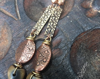 Pattern Play earrings, Copper, Brass Metal Clay, and Hematite, ThePurpleLilyDesigns