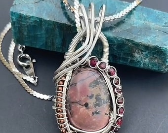 Rhodonite State of Mind Necklace, ThePurpleLilyDesigns, Rhodonite, Garnets, Hematite, Silver