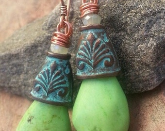 LAST 3 pair! Shores of Green earrings, Copper, Mykonos Bead Caps, Crystals, and Apple Turquoise, ThePurpleLilyDesigns