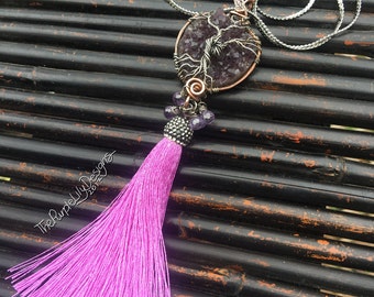 Ready to Ship, Amethyst of Life necklace, Copper, Silver, Amethyst crystals, CZ's, and Silk tassel, ThePurpleLilyDesigns