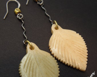 Leaf Long, Carved Bone Leaves, Gunmetal, Stainless Steel and Brass Earrings, ThePurpleLilyDesigns