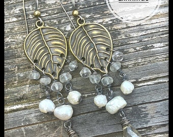 First Snow, Antiqued Brass, Pearls, Quartz, CZ, and Sterling Silver filled, ThePurpleLilyDesigns