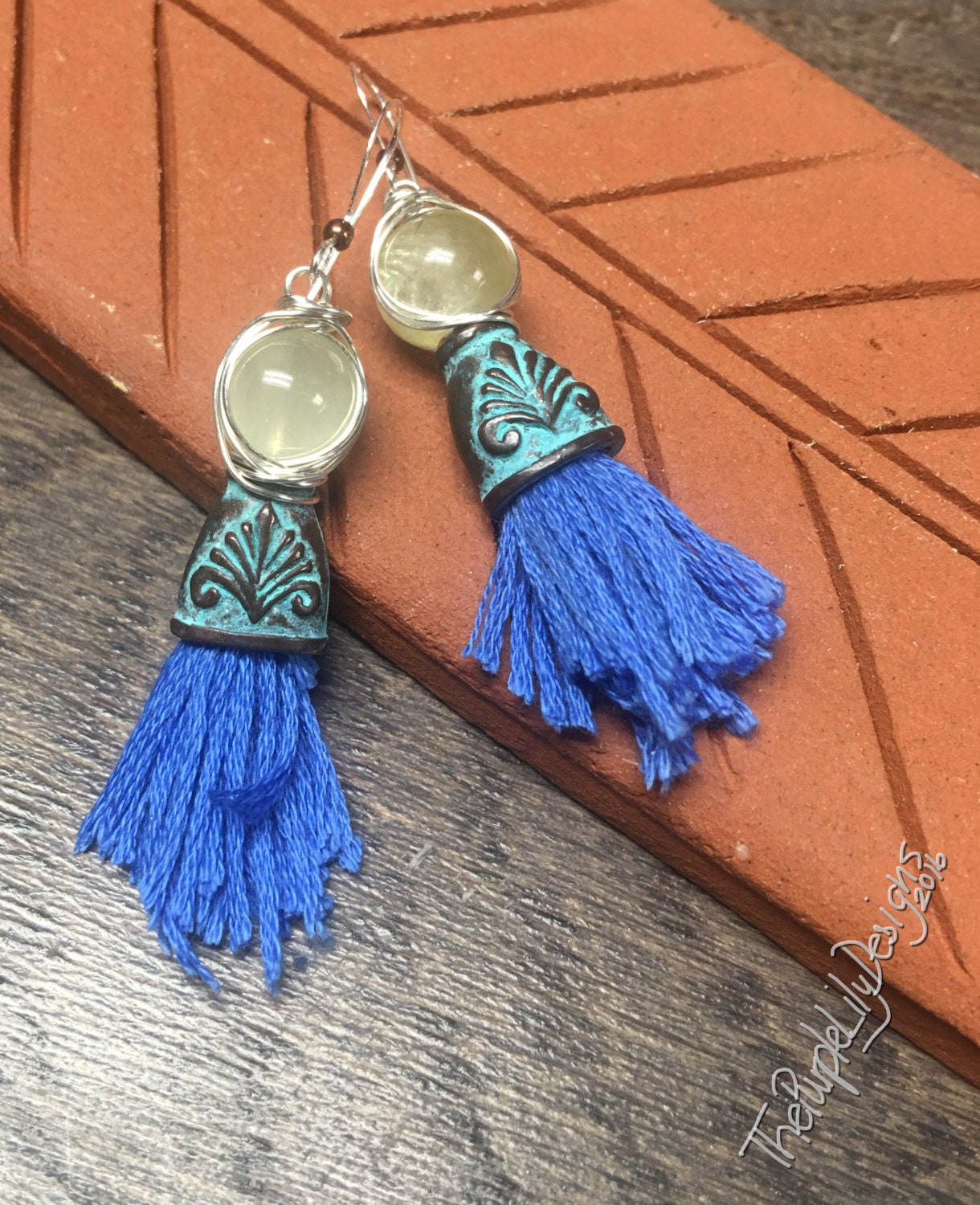 Blue Green Tassel earrings Prehnite HematiteSilver Cotton Etsy