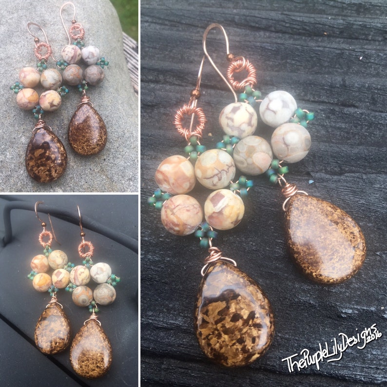 Bronzite Mosaic earrings, 14k Rose Gold filled, Copper, Fossil Jasper, Seedbeads, Bronzite, and Hematite, ThePurpleLilyDesigns image 4