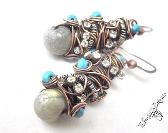 Tangled in Reverse , Copper, Silver, Turquoise, Rhinestone chain, and Labradorite, ThePurpleLilyDesigns