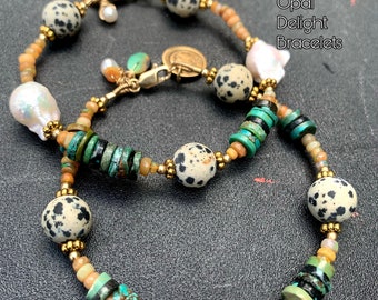 Dalmatian Jasper, Pearl, Turquoise, & Ethiopian Opal Delight bracelets, ThePurpleLilyDesigns