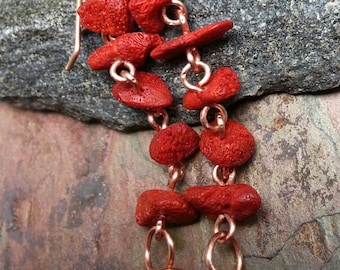 Coral and Pearl earrings, Copper, Freshwater Pearl, and Sponge Coral, ThePurpleLilyDesigns