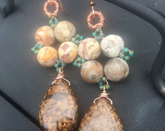 Bronzite Mosaic earrings, 14k Rose Gold filled, Copper, Fossil Jasper, Seedbeads, Bronzite, and Hematite, ThePurpleLilyDesigns