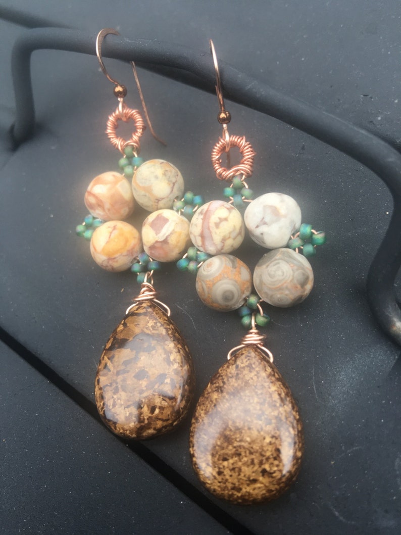 Bronzite Mosaic earrings, 14k Rose Gold filled, Copper, Fossil Jasper, Seedbeads, Bronzite, and Hematite, ThePurpleLilyDesigns image 1