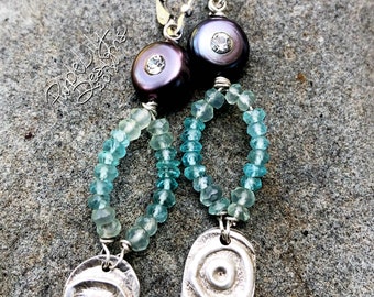 Sterling Silver, Apatite, Chalcedony, & Pearl earrings, ThePurpleLilyDesigns