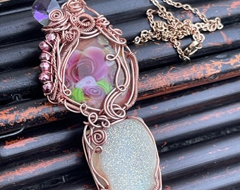 Rose Garden Necklace, ThePurpleLilyDesigns, Lampwork, Swarovski Crystal, Agate Druzy, Pyrite