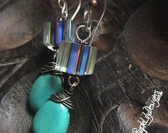 Stone and Glass, Turquoise, Furnace Glass, Copper, and Silver earrings, ThePurpleLilyDesigns