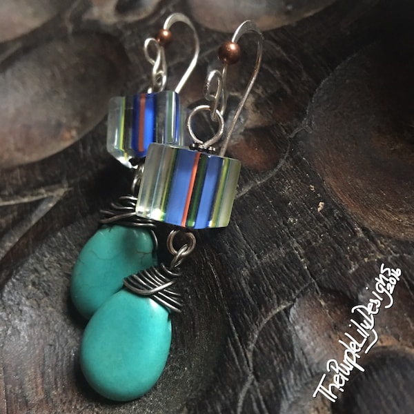 Stone and Glass, Turquoise, Furnace Glass, Copper, and Silver earrings, ThePurpleLilyDesigns