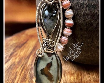 Ready to Ship, Phoenix Rising, Labradorite, Sardonyx, Landscape Ocean Jasper, Brass - pendant,  ThePurpleLilyDesigns