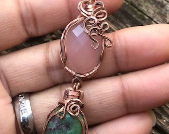 Pink and Green Two Stone Pendant, ThePurpleLilyDesigns, Ruby in Zoisite, Pink Onyx, and Copper