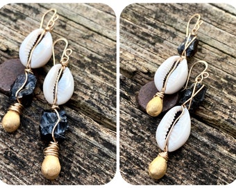 Cowrie Shell Lush, earrings - Brushed Gold, Smoky Quartz, & Cowrie Shells, ThePurpleLilyDesigns