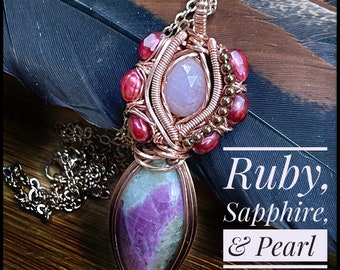 Ruby, Sapphire, & Pearl Love Totem necklace, ThePurpleLilyDesigns