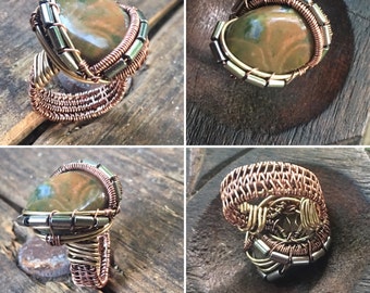 Intwined Jasper, Antiqued Copper, Brass, Fancy Jasper, and Hematite Ring, ThePurpleLilyDesigns