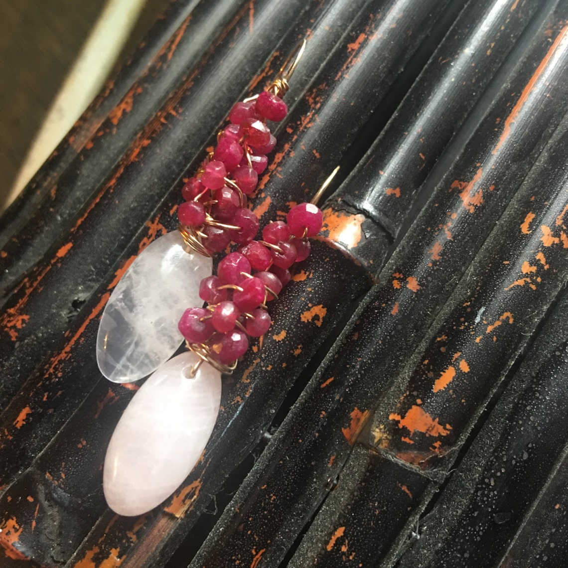 Pink Crush earrings Rose Quartz Ruby Jade and 14k Gold Etsy