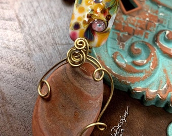 Lollipop Social pendant, ThePurpleLilyDesigns, brass, lampwork glass, matte landscape ocean jasper