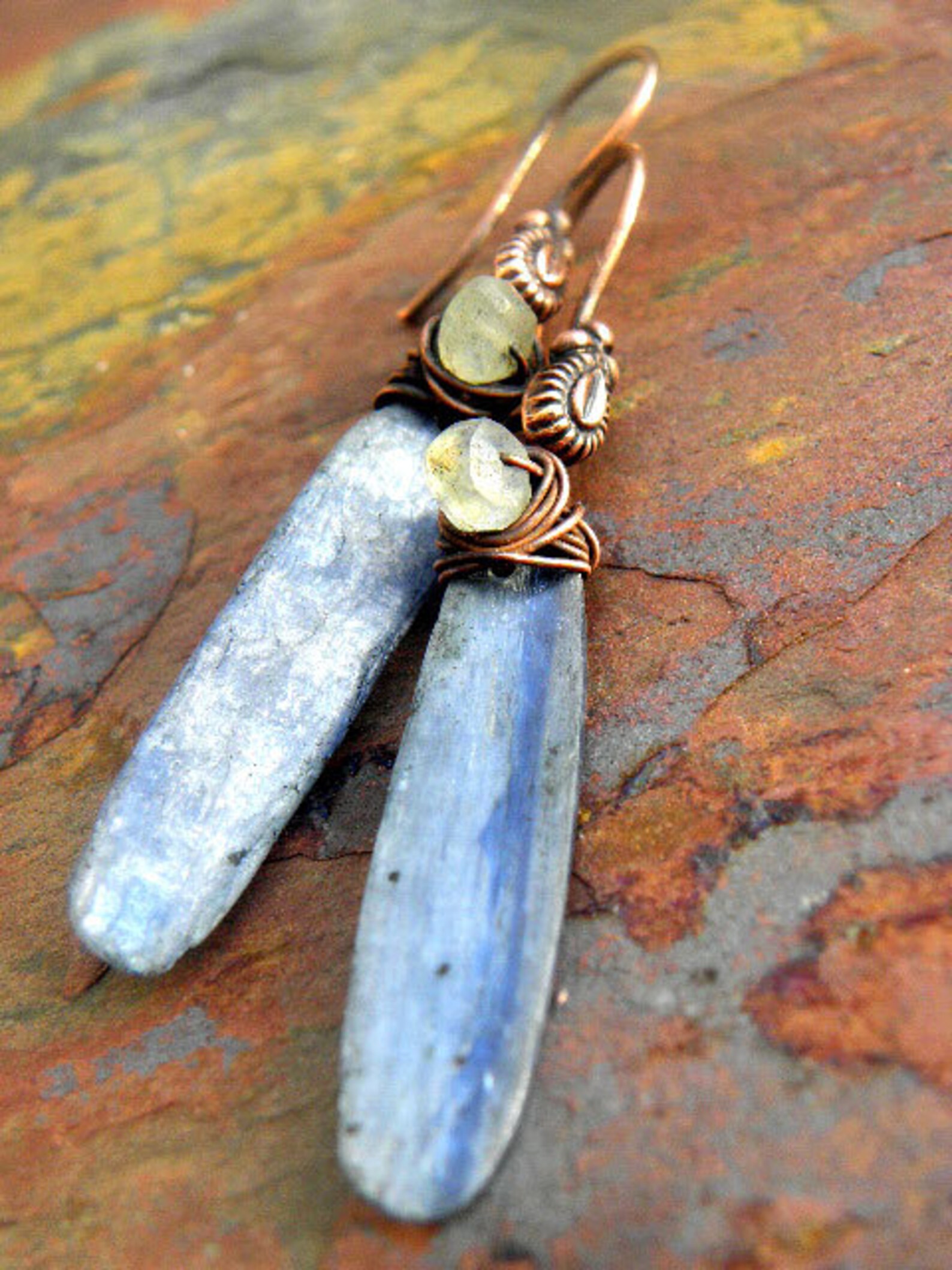 Kyanite Rain Blue Kyanite Copper and Moonstone Earrings Etsy